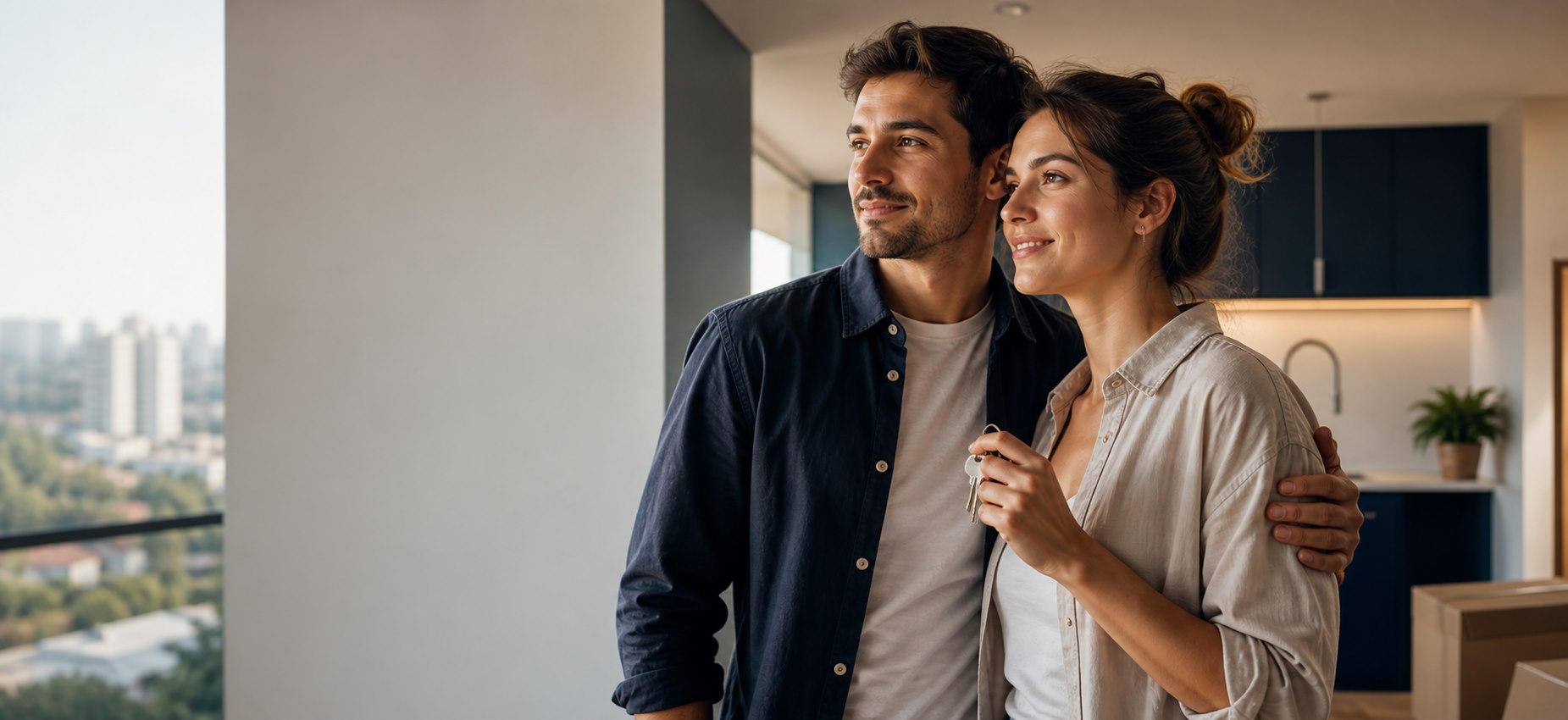 Casal celebrando a conquista do novo apartamento